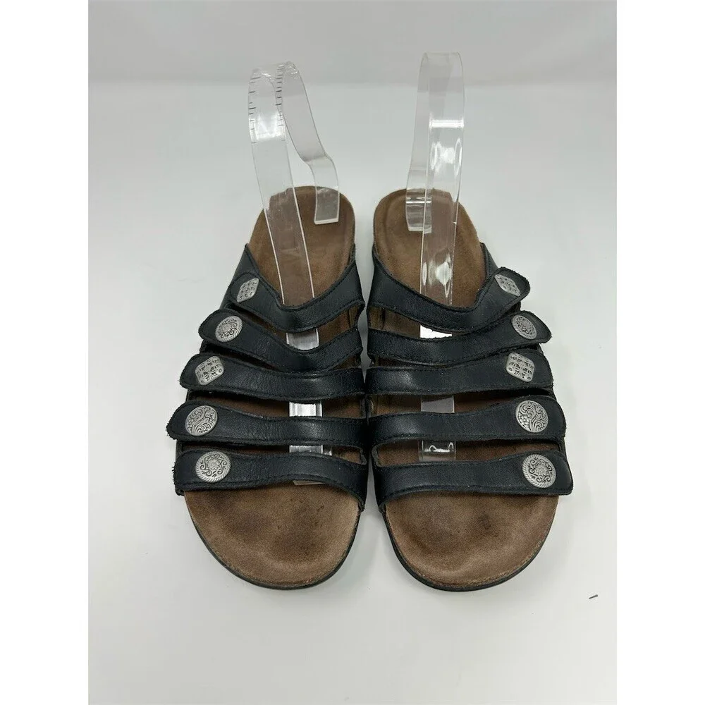 Dansko Black Leather Strappy Silver Medallions Slide Sandals Comfort Cork 41